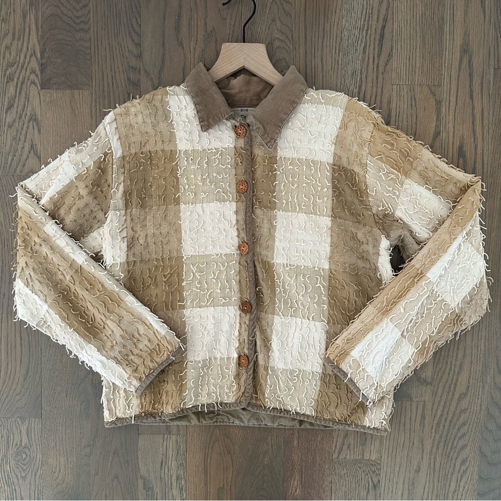 Vintage Fringed Collared Buffalo Check Chore Jacket in Khaki and Cream Medium